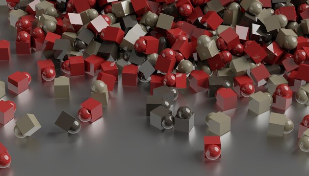 Abstract field of red gray and white cubes on reflective ground 3D computer generated