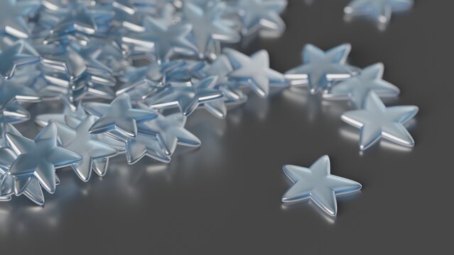 Translucent blue star shapes scattered on glossy surface 3D computer generated