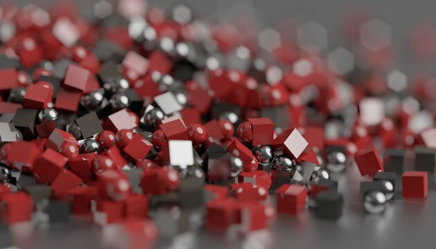 Pile of red black gray and white cubes on glossy surface 3D computer generated