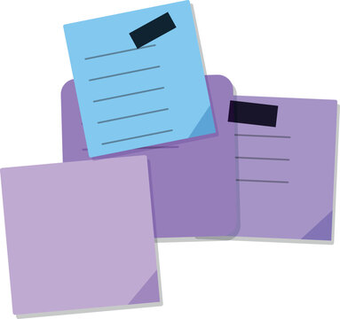 Set of colorful sticky notes and paper sheets with black tape for reminders and office organization
