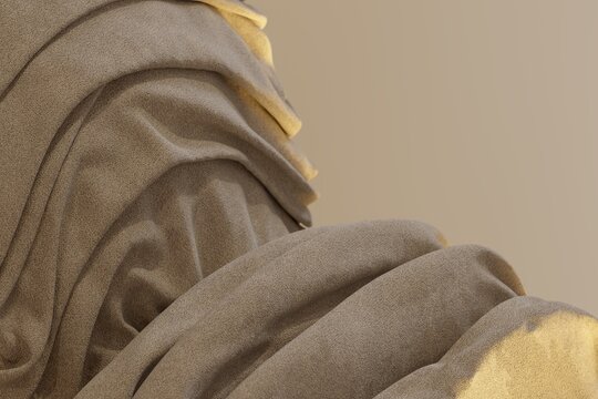 Beige folded fabric drapery close up 3D computer generated