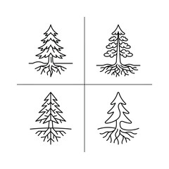 Obraz premium Four distinct illustrations of trees with roots, showcasing various styles and shapes