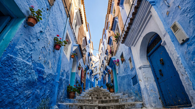 Narrow alleyway with blue painted walls and stairs in Chefchaouen Morocco 2.