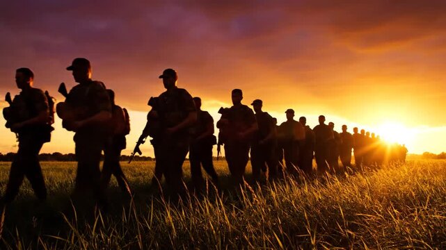 Soldiers marching in field at sunset silhouette