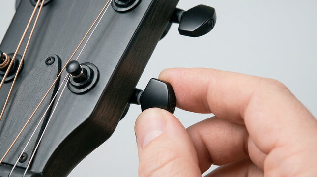 Acoustic guitar tuning peg adjustment by fingers, headstock close-up, instrument setup for music practice or performance.
