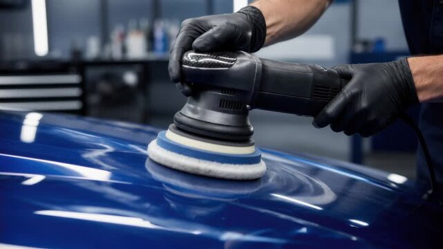 Close up view of car polishing with electric buffer for shiny blue vehicle surface in workshop