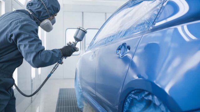 Professional automotive technician spray painting blue car in a paint booth for a smooth finish