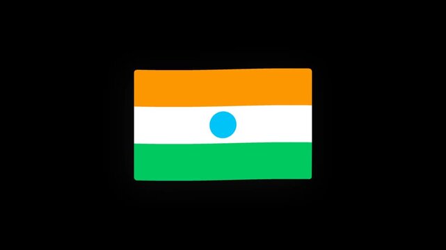 Animated cartoon formation and gentle waving loop of the Indian national flag with tricolor stripes and Ashoka Chakra on an alpha channel transparent background