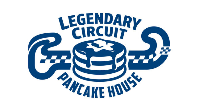 Blue pancake house logo featuring a stack of pancakes.