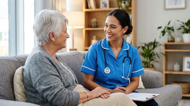 Smiling female nurse in blue uniform provides compassionate home healthcare to a senior woman sitting on a sofa, representing professional medical support and elder care services in bright home
