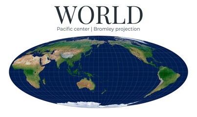 World Map. Bromley projection. Compromise layout with rounded poles and thematic displays. Pacific center at latitude zero and longitude one hundred sixty. © Eugene Ga