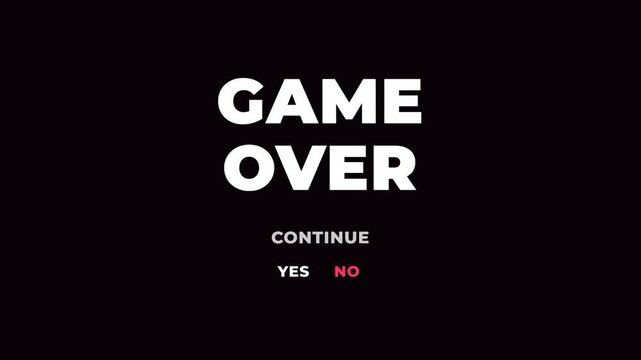 Animated game over screen with continue option on black background. 4K Video
