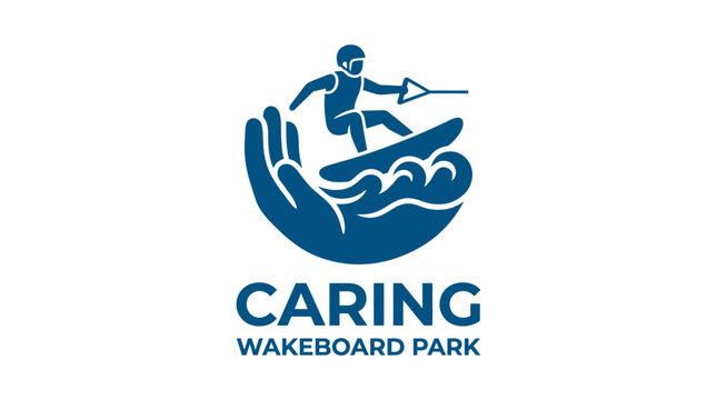 Wakeboard park logo with person on waves in hand