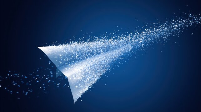 Paper airplane dissolving into particles blue background