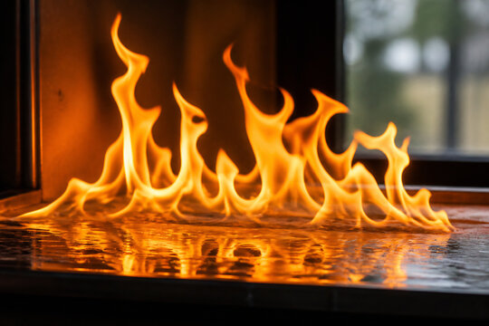 Flames burning intensely on a surface in a dimly lit indoor setting.