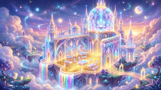 Magical celestial palace floating in clouds with glowing rainbow waterfall