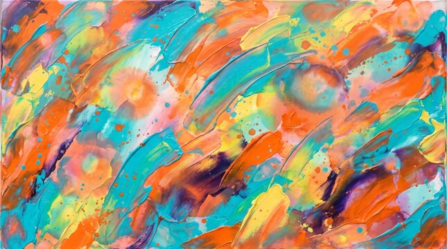Vibrant colorful abstract acrylic paint texture with thick impasto brush strokes in orange turquoise and yellow