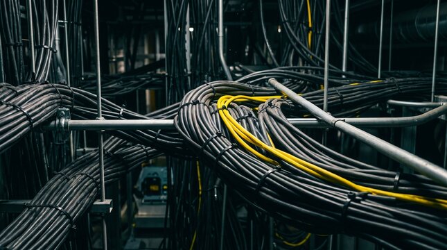 Network cables bundled and intertwined in server room, symbolizing complex digital infrastructure.