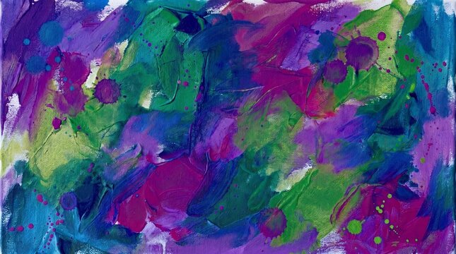 Vibrant abstract acrylic paint texture with thick impasto brush strokes in purple green and blue