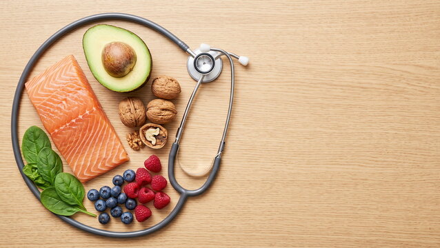 Healthy food selection with stethoscope on wooden background, promoting balanced diet and wellness for good health.