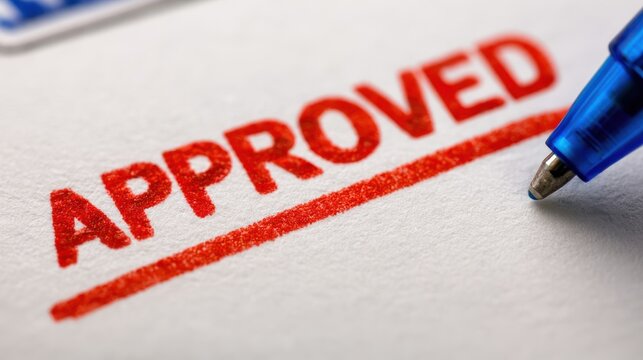 Close up of approved stamp and pen on paper