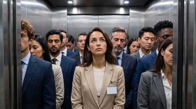 Group of office workers, with centered woman gazing upward, standing packed inside crowded elevator, in modern high rise building, commercial photography