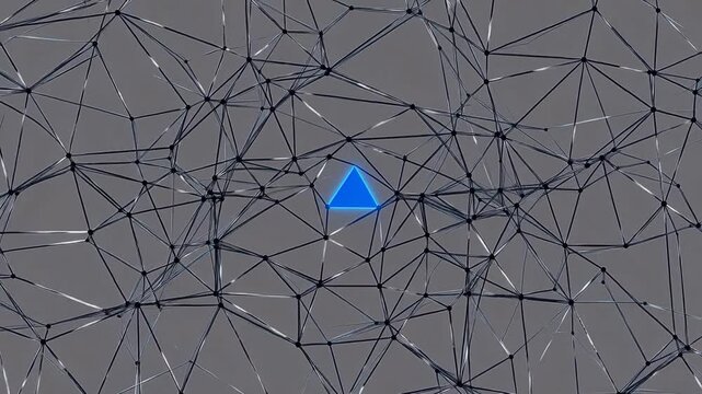 Blue Triangle Moving Through Dynamic Network Mesh - Abstract Digital Connectivity Visualization