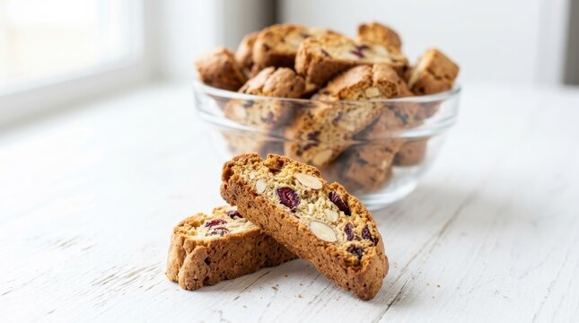 Golden homemade cranberry almond biscotti cookies rest in a glass bowl on a rustic white table. These crunchy twice baked Italian cantucci biscuits are ideal for a delicious snack or coffee break time