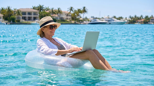 Senior woman in sun hat, holding laptop computer while floating, sitting on inflatable ring, tropical ocean water near luxury yachts, lifestyle photography