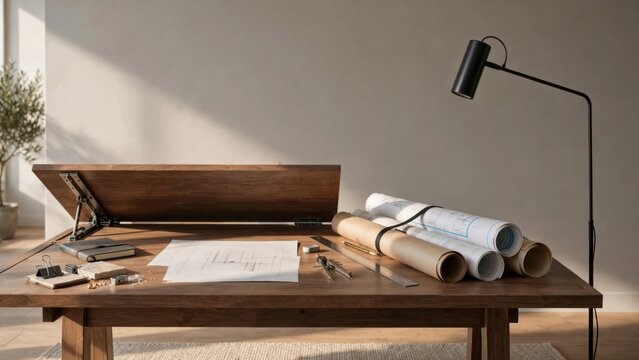 Modern Wooden Desk with Architectural Blueprints and Desk Lamp.