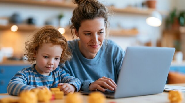 Happy mother working from home while her little toddler plays with toys