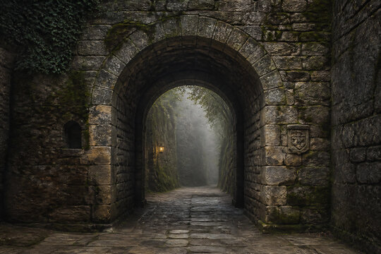 A dark, moss-covered stone archway leads into a misty, ancient passageway.