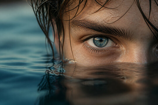 A close-up of a person's face partially submerged in dark water.
