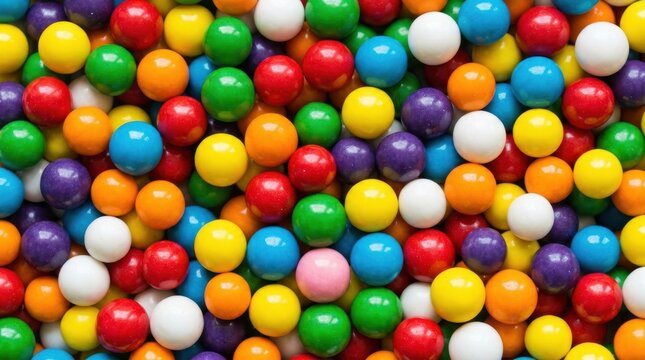 Colorful round gumballs filling the entire frame in a vibrant display of red yellow blue green and purple sweets, providing a joyful candy background