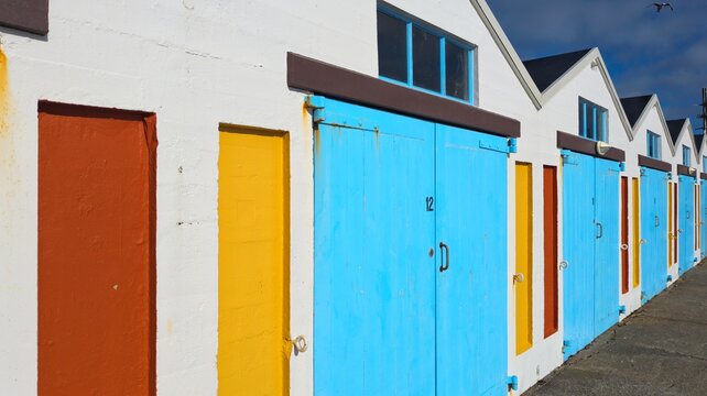Vintage boat sheds in blue, yellow and red in capital city of Wellington, New Zealand Aotearoa