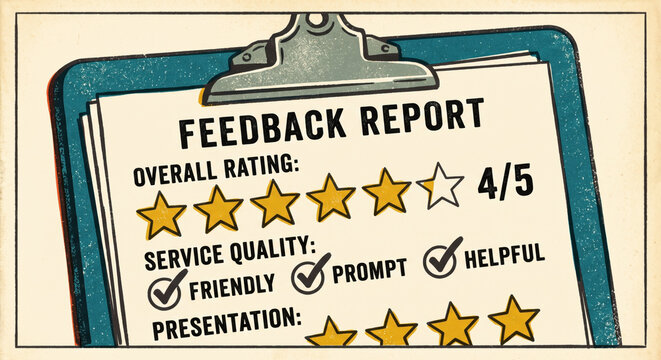 Feedback report with stars: CSAT rating, open‑ended comments, driver analysis dashboard.
