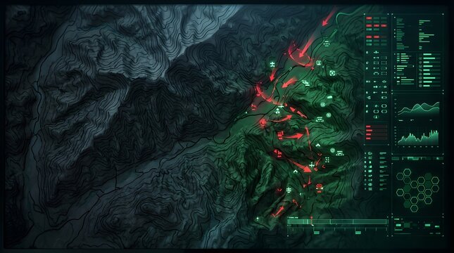 Tactical military topography map with digital interface and arrow paths