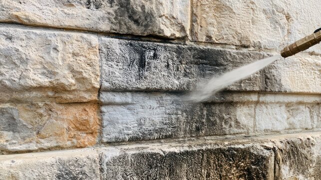 Pressure washing dirty stone wall exterior cleaning