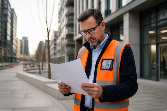 A man in a safety vest reviews documents outdoors in an urban setting.