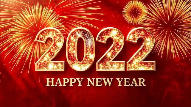 Happy New Year 2022 with Golden Sparkling Text and Fireworks on Red Background