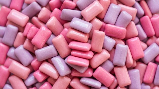 Vibrant pink and purple chewing gum pellets piled together in a macro top view texture pattern. These sweet bubblegum pieces create a colorful and fun background for confectionery concepts and treats.