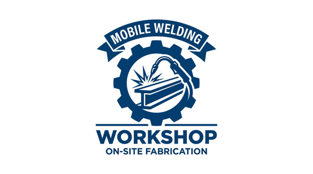 Mobile welding workshop logo with gear and arc welder.