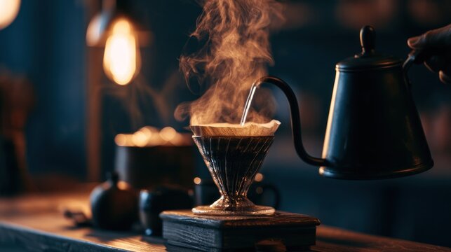 Pouring hot water over coffee grounds for brewing