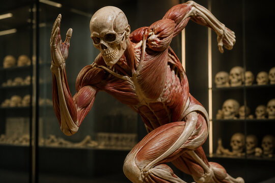 A detailed anatomical skeleton figure is posed dramatically in a dimly lit display case filled with skulls.