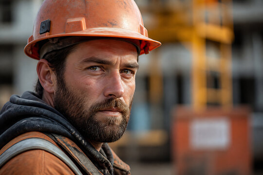 A man in a hard hat and work clothes looks intensely at the camera on a construction site.