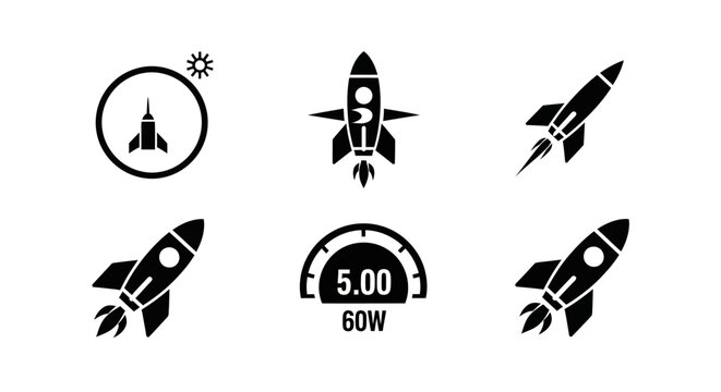 Rocket Ship Icons Set, Space Exploration and Launch Symbols