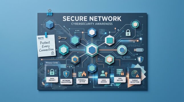 Modern three dimensional cybersecurity awareness infographic displaying secure network protocols and data privacy icons including firewall and vpn for corporate information technology safety systems.