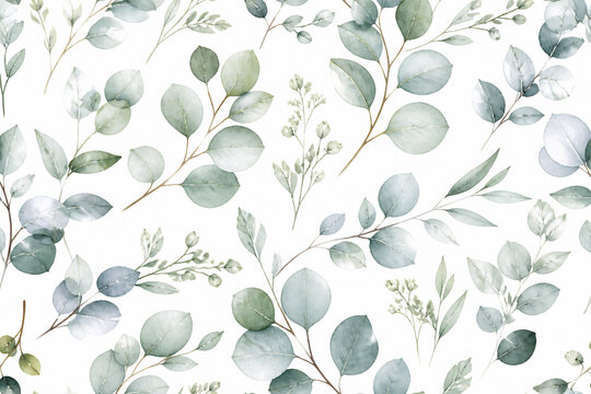 A seamless pattern of delicate eucalyptus and leafy branches on a white background.