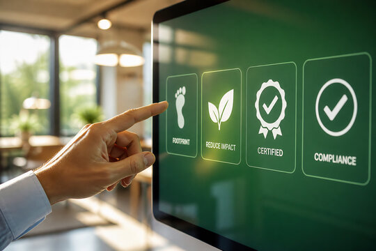 A hand points at a screen displaying icons for footprint, reduce impact, certified, and compliance.