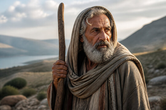 An older man with a beard holding a staff stands outdoors in a mountainous landscape.